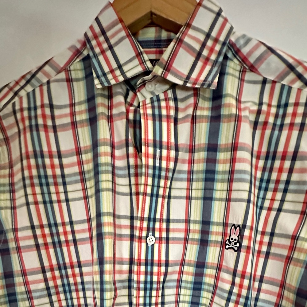Psycho Bunny men’s S (small) plaid button up. Great shape. Excellent shirt!
